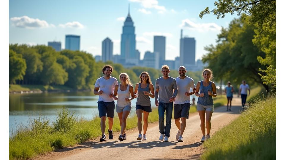 A diverse group of adults 35+ enjoying a refreshing morning walk on a scenic Austin trail alongside Lady Bird Lake, laughing and interacting, embodying community and active wellness.