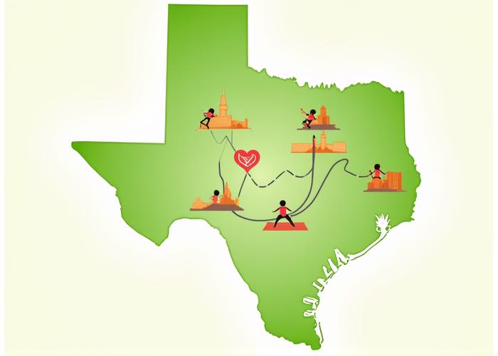 Stylized map of Austin, Texas, with wellness-related icons and connection points