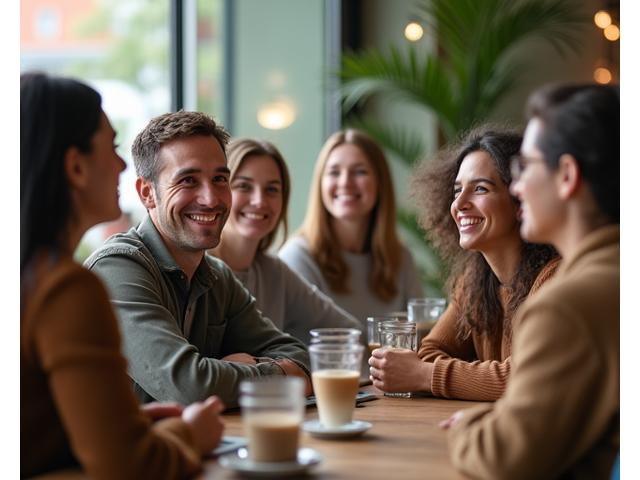 Diverse group of adults interacting happily in a vibrant online community, embodying support and connection