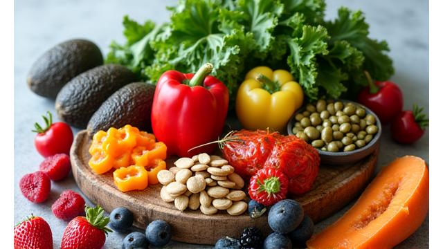 Colorful arrangement of functional foods like berries, nuts, leafy greens, and turmeric