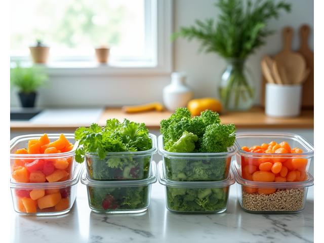 Colorful, healthy meal prep containers on a kitchen counter, full of fresh ingredients