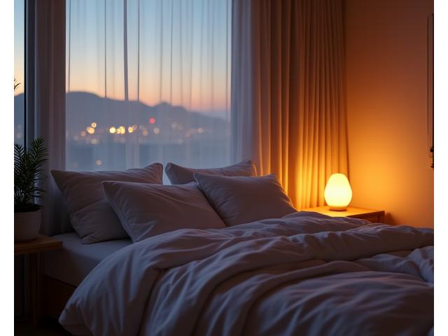 Serene bedroom with soft lighting and comfortable bedding, symbolizing restful sleep