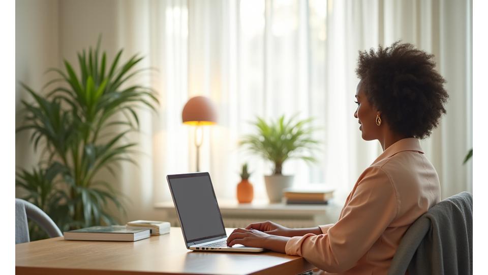 A person casually meditating at their desk with soft lighting, laptop subtly visible, emphasizing ease and integration into a busy professional life.