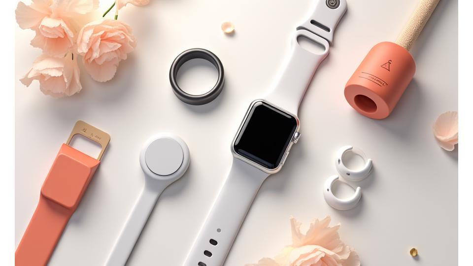 Various wearable devices like smartwatches and rings displayed neatly on a modern, clean surface, suggesting a technology comparison or review.